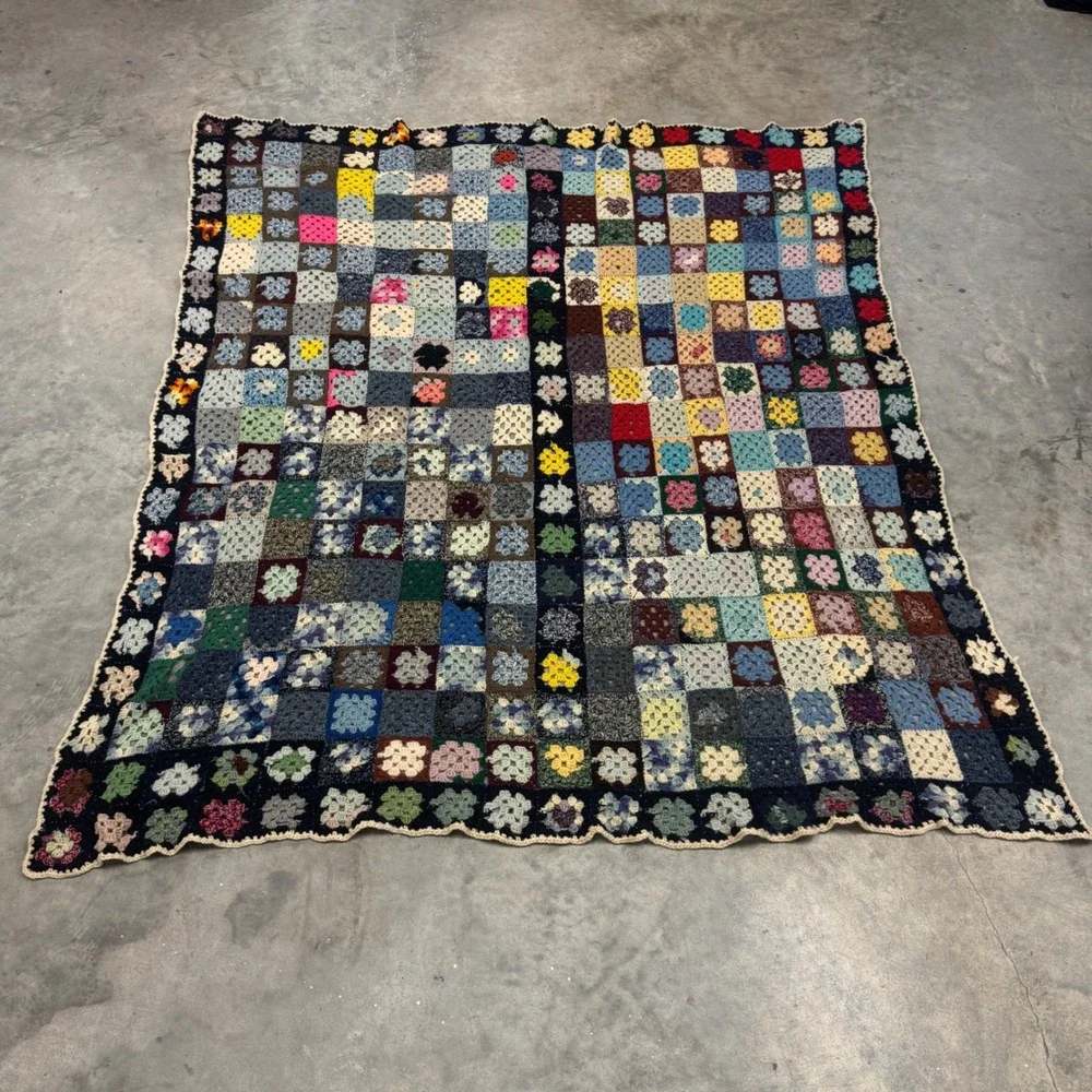 Vintage Handmade Granny Afgan Crochet Blanket Multi Color Patchwork Throw 78x65